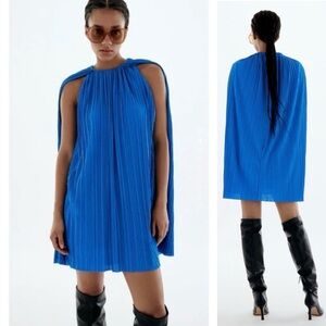 ZARA Pleated Cape Dress in Cerulean Blue , Size M, NWT